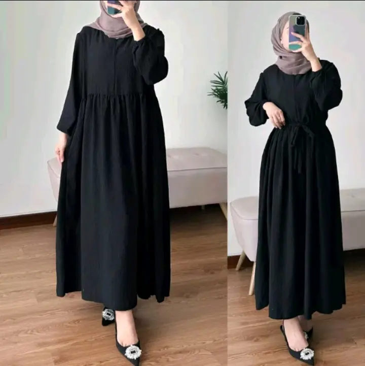 Bavin MIDI dres crinkle airflow polos Nyaman Ibu Menyusui Hitam Formal