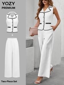 YOZY Women's Contrast Binding Lapel Neck Vest & Pocket Wide Leg Pants Two-piece Set, Elegant Button Front Sleeveless Top & Trousers for Work Office Business, Ladies Two-piece Outfits for All Seasons