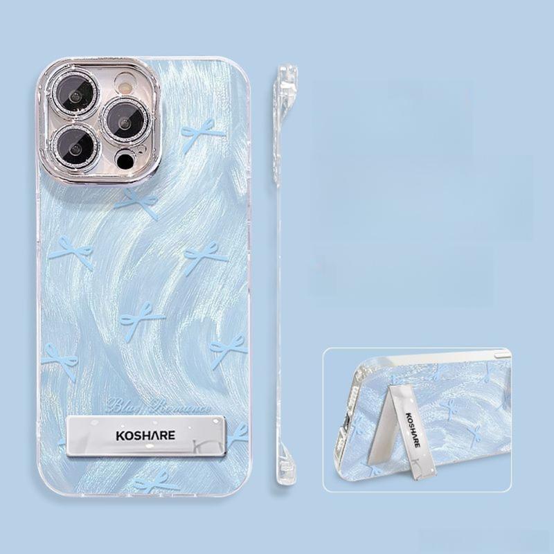 Ốp Điện Thoại, Thiết Kế Nơ Màu Xanh Dương Đơn Giản, Tương Thích Với iPhone 16, 15, 14, 13, 12, 11, Pro Max Và Plus, Không Viền, Được Làm Bằng Sợi Lông Vũ, Có Phim Ống Kính Tích Hợp, Ốp Lưng Chống Sốc, Có Giá Đỡ