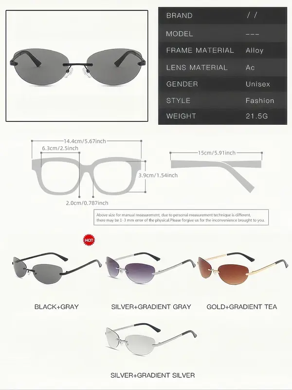 Unisex Simple Style Tinted Lens Oval Frame Sunglasses, Trendy Casual Rimless Sunglasses for Everyday Use, Fashion Accessories for Outdoor Activities 1
