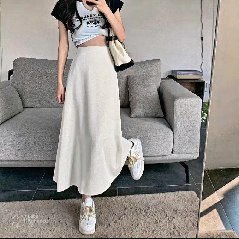 Rok Skirt Wanita Polos Korean Style Bahan Crinkle Airfow Karet Nyaman Panjang Pink  Remaja Melar 0