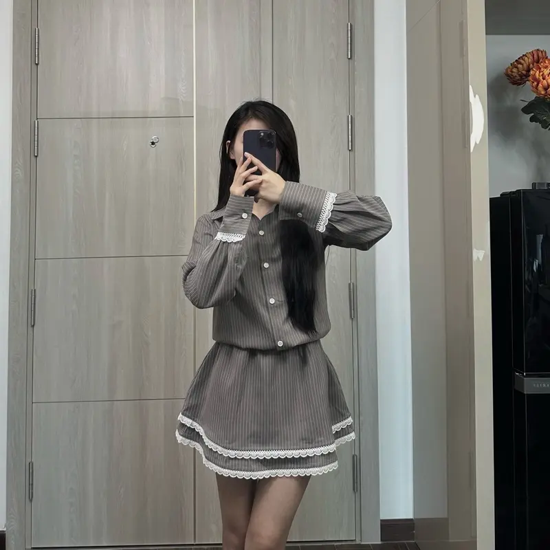 Đồ đôi nam nữ sơ mi dài tay váy nữ liền chân váy có quần bảo hộ thiết kế sang trọng lịch sự phù hợp cho cặp đôi Set couple người yêu hot trend mới 2024(có lẻ) 6