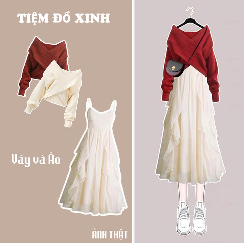 Set váy áo nữ,bộ nữ váy 2 lớp dáng xòe tiểu thư  mix cùng áo len tay dài vạt chéo chất dày dặn phong cách Hàn Quốc Top Women