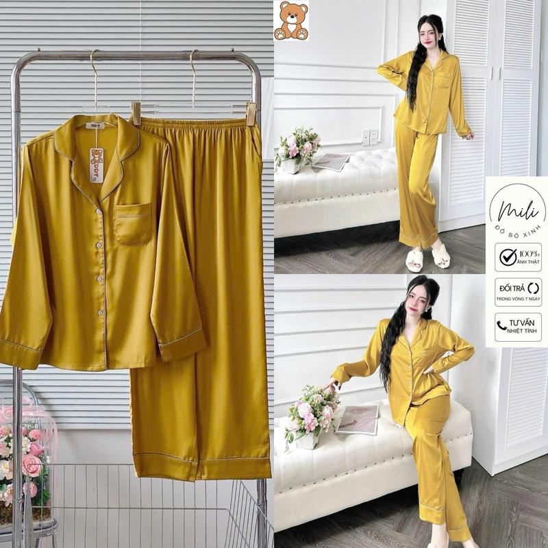 ĐỒ BỘ PIJAMA, Tay Dài Trơn, ĐỒ MẶC NHÀ, ĐỒ NGỦ NỮ. Đồ Bộ Trơn, Viền Màu, Có Túi Áo. QUẦN DÀI CÓ TÚI. VẢI LỤA LATIN CAO CẤP, MÀU TRƠN. Women Voi Kem do bolatin Nho 9