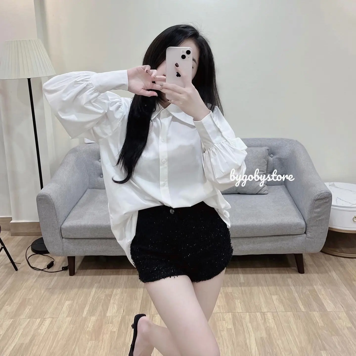 @gobystore Áo sơ mi thô mềm nhẹ cổ nhọn BYGOBYSTORE
