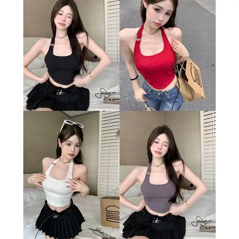 Áo Ba Lỗ Cổ Yếm Dành Cho Nữ, Màu Trơn Không Tay, Có Đệm Áo Ngực, Thích Hợp Cho Mùa Hè, Hotsweet Women Top 4