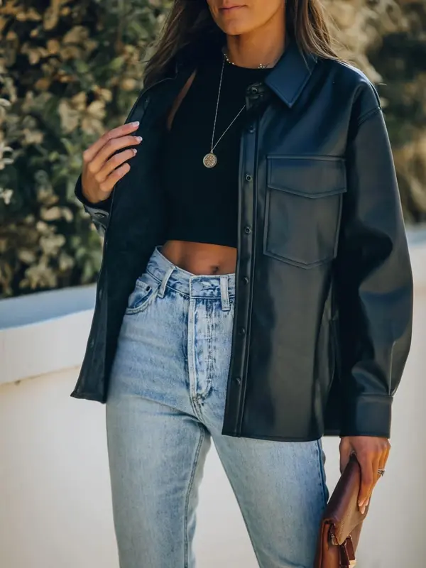 Women's Solid Button Front Pocket Faux Leather Jacket, Casual Drop Shoulder Long Sleeve Collared Outerwear for Fall & Winter, Ladies Clothes for Daily Wear 0