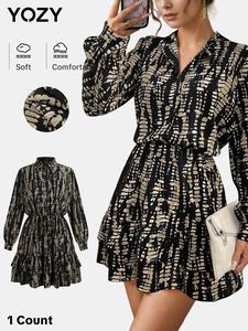 YOZY Women's All Over Print Button Front Ruffle Hem Dress, Casual Bishop Sleeve Tiered Layer A Line Short Dress for Spring & Fall, Women's Clothes for Daily Wear