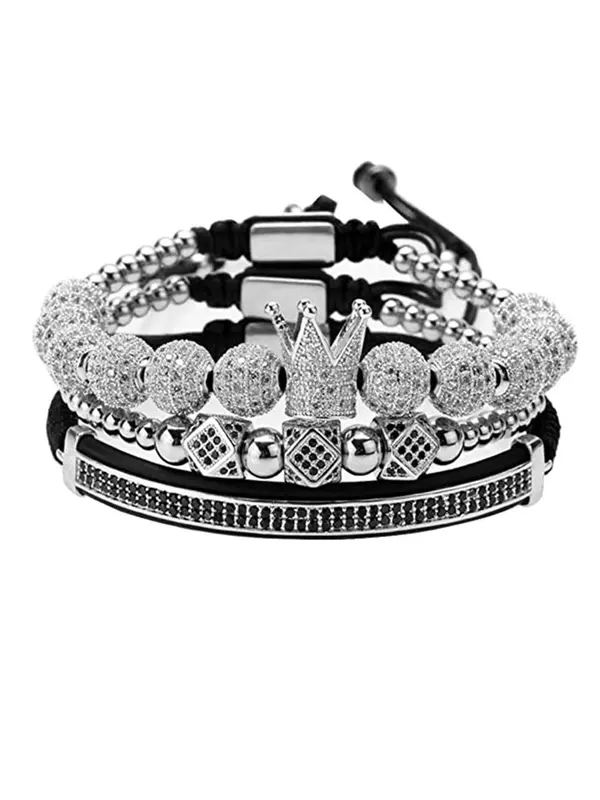Rhinestone Crown & Beaded Braided Bracelet, Men Accessories, 3pcs Fashion Jewelry for Party, Daily Decor, Trendy All-match & Exquisite Jewellery for Birthday Gift 3