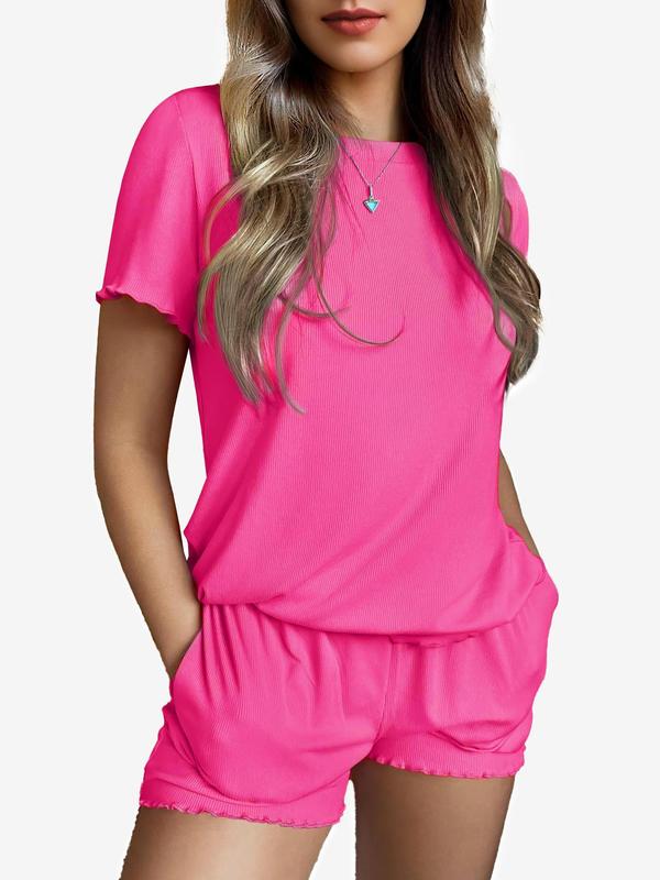 Women's solid color casual pajama set, round neck short-sleeved top, elastic waist pocket shorts, two-piece home clothes. 1