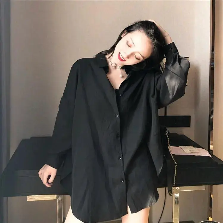 Áo Sơ Mi Cổ Chữ V Dáng Rộng Cổ Điển Hàng Mới Về Mùa Xuân, Dài Tay, Dành Cho Nữ, Phong Cách Ngầu, Màu Đen, Dễ Phối Đồ, Thời Trang