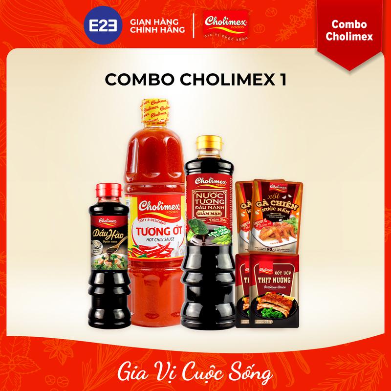 Combo Cholimex 1: Tương Ớt Pet 830g x 1 Chai, Nước tương đậu nành pet 700ml x 1 Chai, Xốt Ướp Thịt Nướng 70g x 2 gói, Xốt gà chiên nước mắm 90g x 2 gói, Dầu Hào 350g x 1 chai