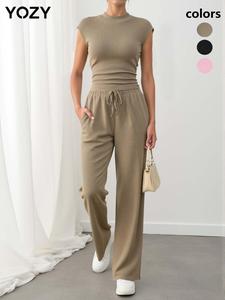 Two-piece Set YOZY Women's Solid Cap Sleeve Top & Drawstring Waist Pants, Casual Fashion Cozy Top & Trousers for Daily Outdoor Wear, Ladies Summer Clothes, Womenswear