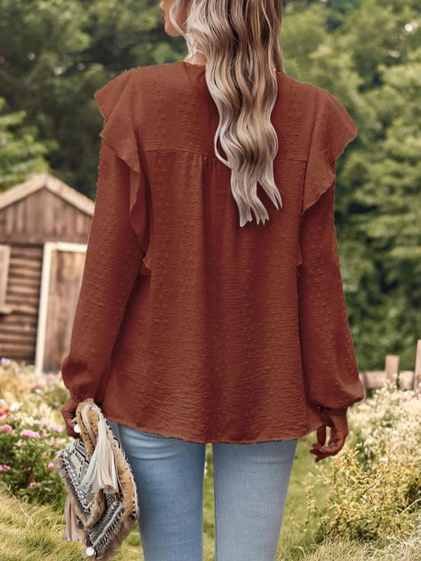 Women's Plain Contrast Lace Swiss Dot Ruffle Trim Blouse, Boho Bishop Sleeve Keyhole Back Top for Fall & Winter, Women's Clothing for Daily Wear 5