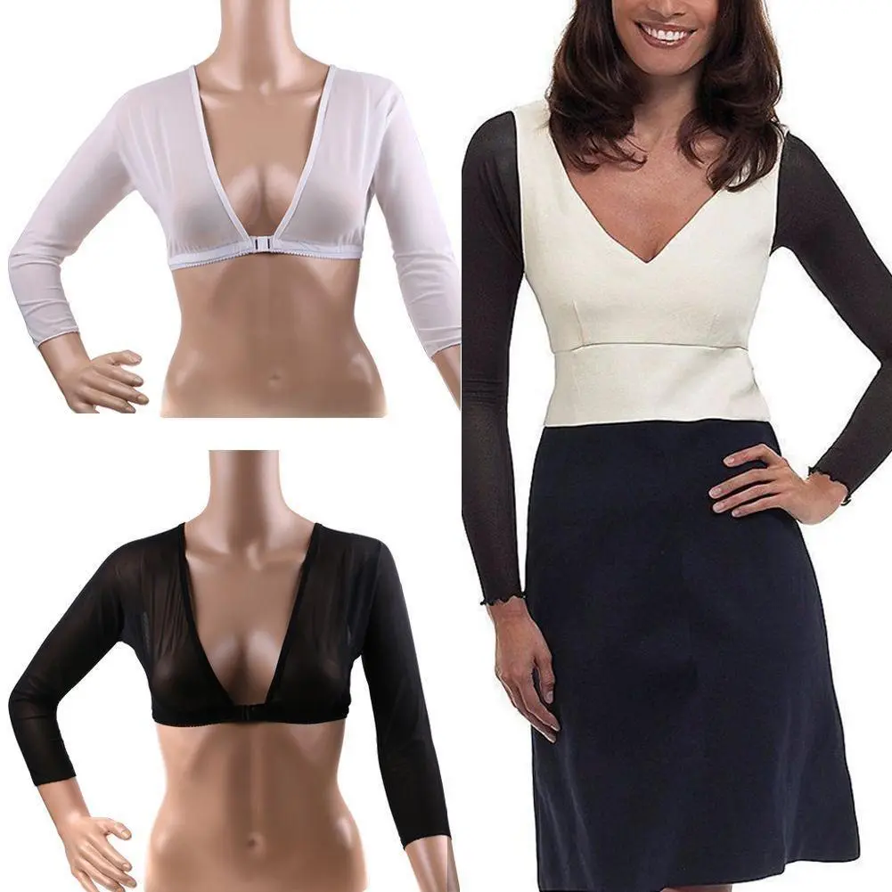 Baju atasan jaringan hitam seksi untuk wanita, 1 helai, fesyen, kemeja-t pendek, baju tulle, leher v dalam, blaus lengan panjang