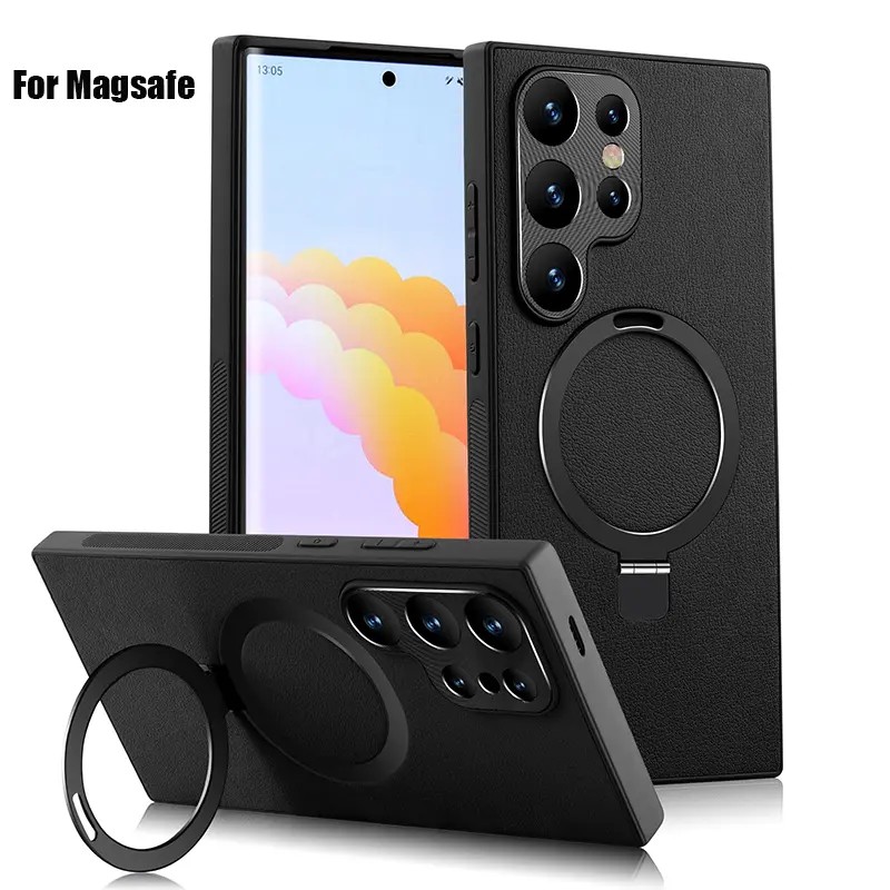 New For Magsafe Magnetic Metal Bracket Ring Leather Shockproof Phone Case For Samsung S24 Ultra S22 S23 Ultra Plus Bumper Cover