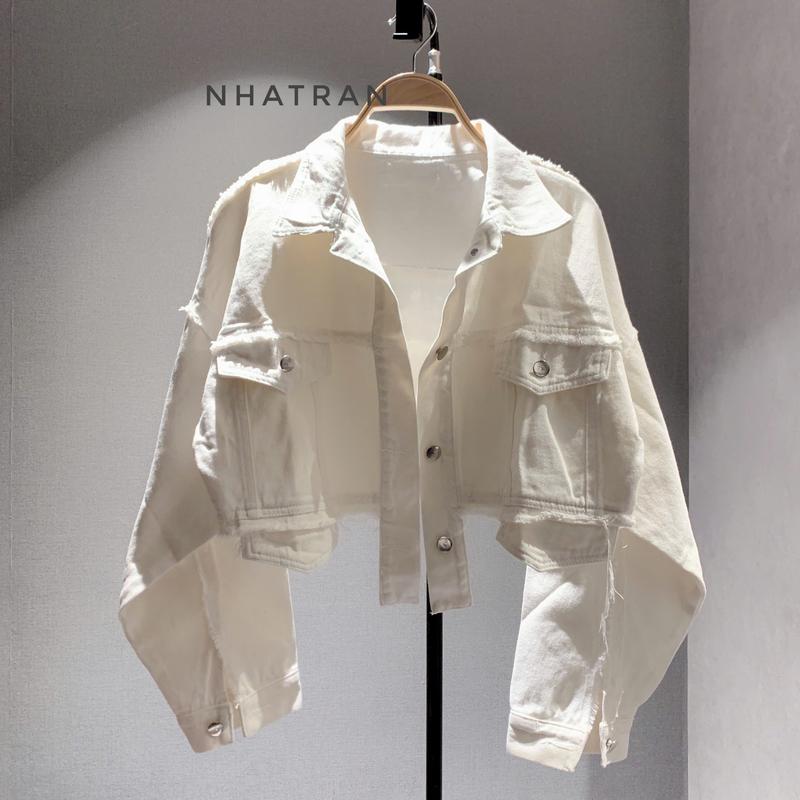 nhatran - Áo khoác jean nữ croptop phom ngắn lai tua chất Denim Cotton Women Jacket VIỀN TUA