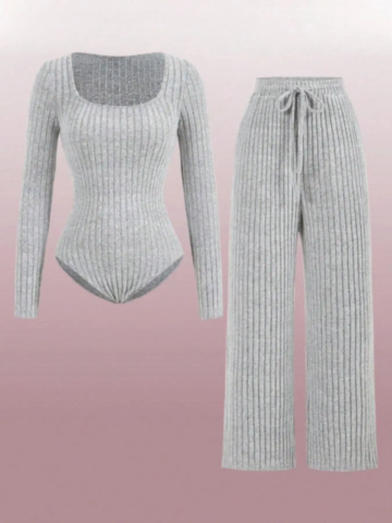 Two-Piece Set Women's Solid Color Square Neck Bodysuit & Tie Front Pants, Casual Long Sleeve Bodysuit & Trousers 2 Piece Set for Fall & Winter, Women's Clothes for Daily Wear