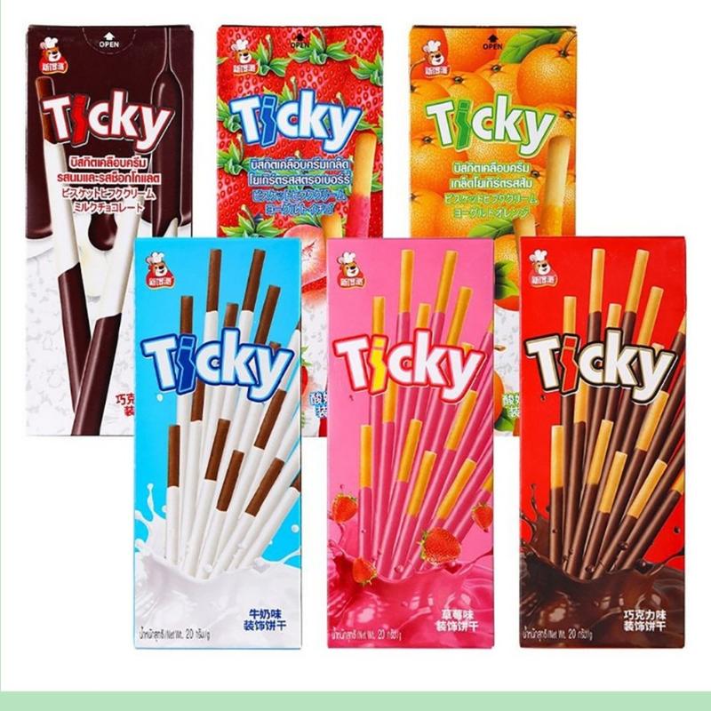12 hộp Bánh Que Ticky  phủ kem thơm giòn nhiều vị : Socola, Dâu, Sữa và vị Cam