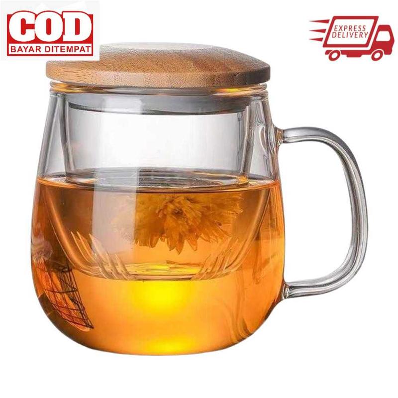 One Two Cups Gelas Cangkir Teh Tea Cup Mug with Infuser Filter Dengan Tutup Kayu Yang Elegant dan Mewah Dengan Kapasitas 360ml dan 420ml 0