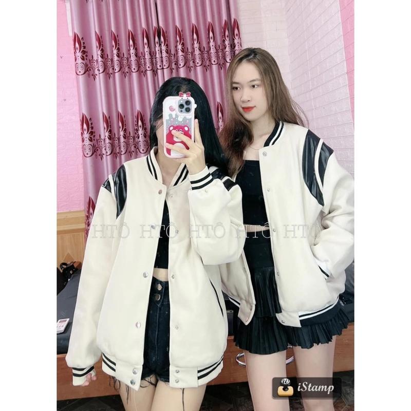  Áo khoác nỉ bomber kẻ sọc phối vai da cúc bấm bo gấu tay eo co dãn nam nữ mặc đôi hàn quốc 