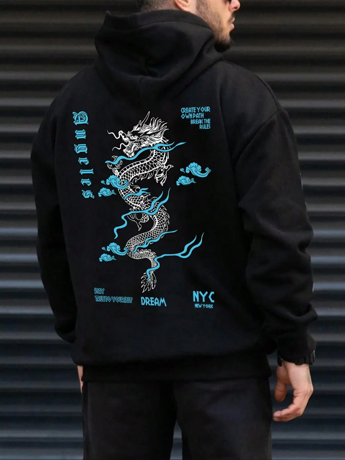 Men's Dragon Print Drop Shoulder Hoodie, Fashion Casual Regular Fit Drawstring Pocket Hooded Sweatshirt for Daily Holiday Outdoor Wear, Men Clothes for Fall & Winter
