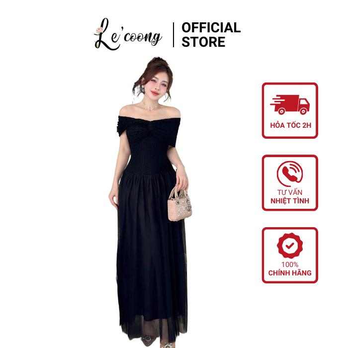 Váy Tiểu Thư Dáng Dài Phối Voan Tơ LECOONG V725 Đầm Đẹp Màu Đen Be Trễ Vai Sang Chảnh