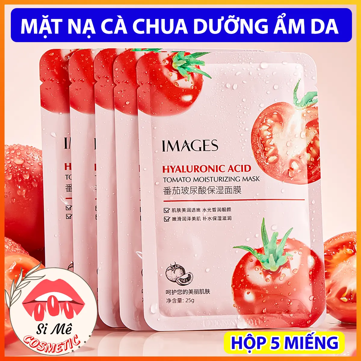 Hộp 5 Miếng Mặt Nạ Cà Chua Images Hyaluronic Acid Dưỡng Ẩm, Dưỡng Sáng Da, Chống Lão Hóa - Mỗi Miếng Chứa 25g Dưỡng Chất Chiết Xuất Từ Cà Chua, Nha Đam