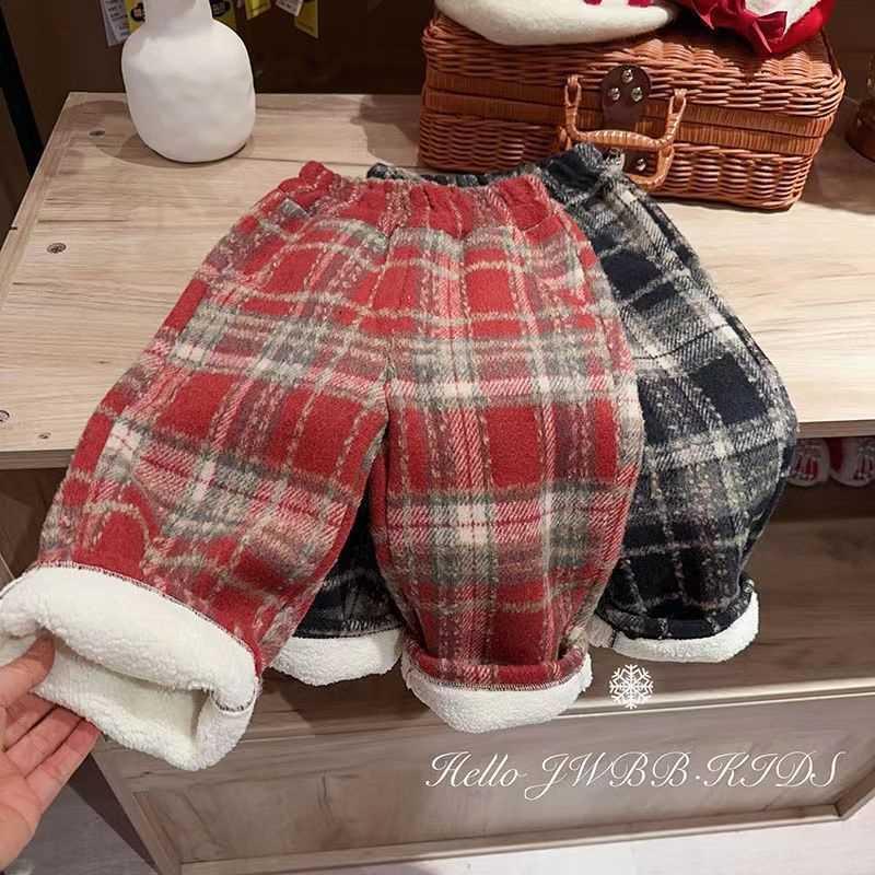 Quần Dài Lót Lông Cừu Mùa Đông, Cho Trẻ Em, Phong Cách Anh Quốc, Quần Dáng Rộng Lưới, Cho Bé Gái, Dày, Nhung Tích Hợp, Quần Ống Đứng, Con Trai, Thích Hợp Cho Trẻ Em 2