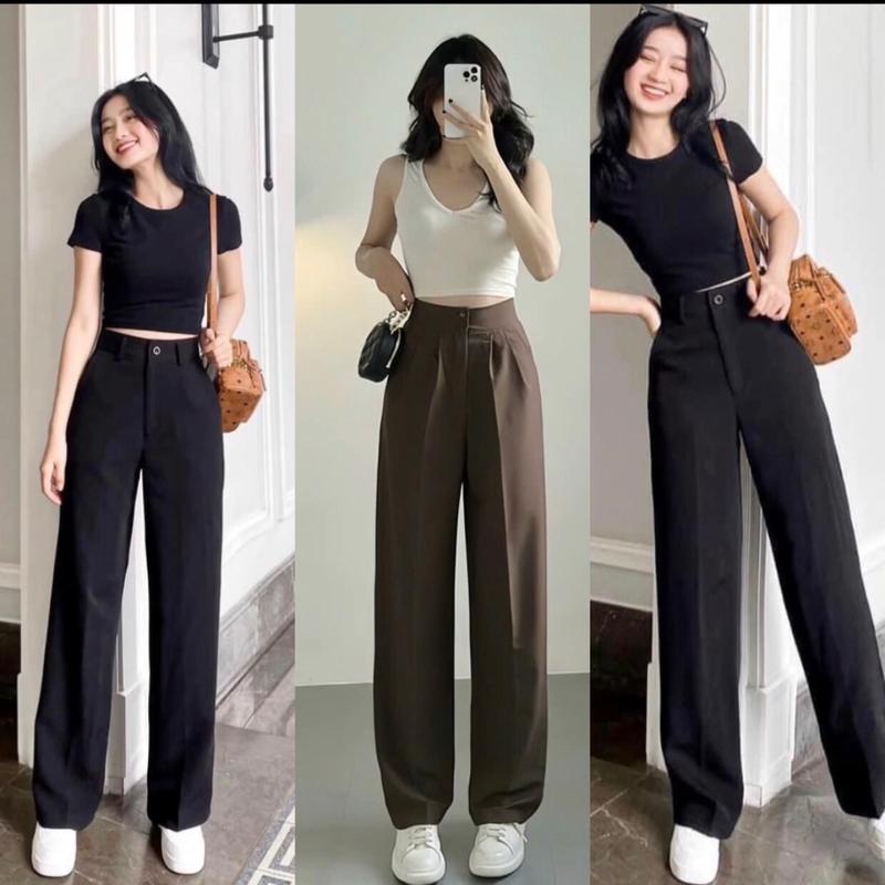 Quần tây nữ  ống rộng cạp cao lưng cao phối 1 cúc khoá trước, quần tây nữ ống suông tôn dáng chất vải tuyết mưa mềm mịn