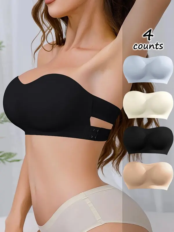 Women's Solid Color Wireless Strapless Bra, Push Up Bra, Soft Comfortable Breathable Removable Chest Pads Lingerie for Daily Wear 0