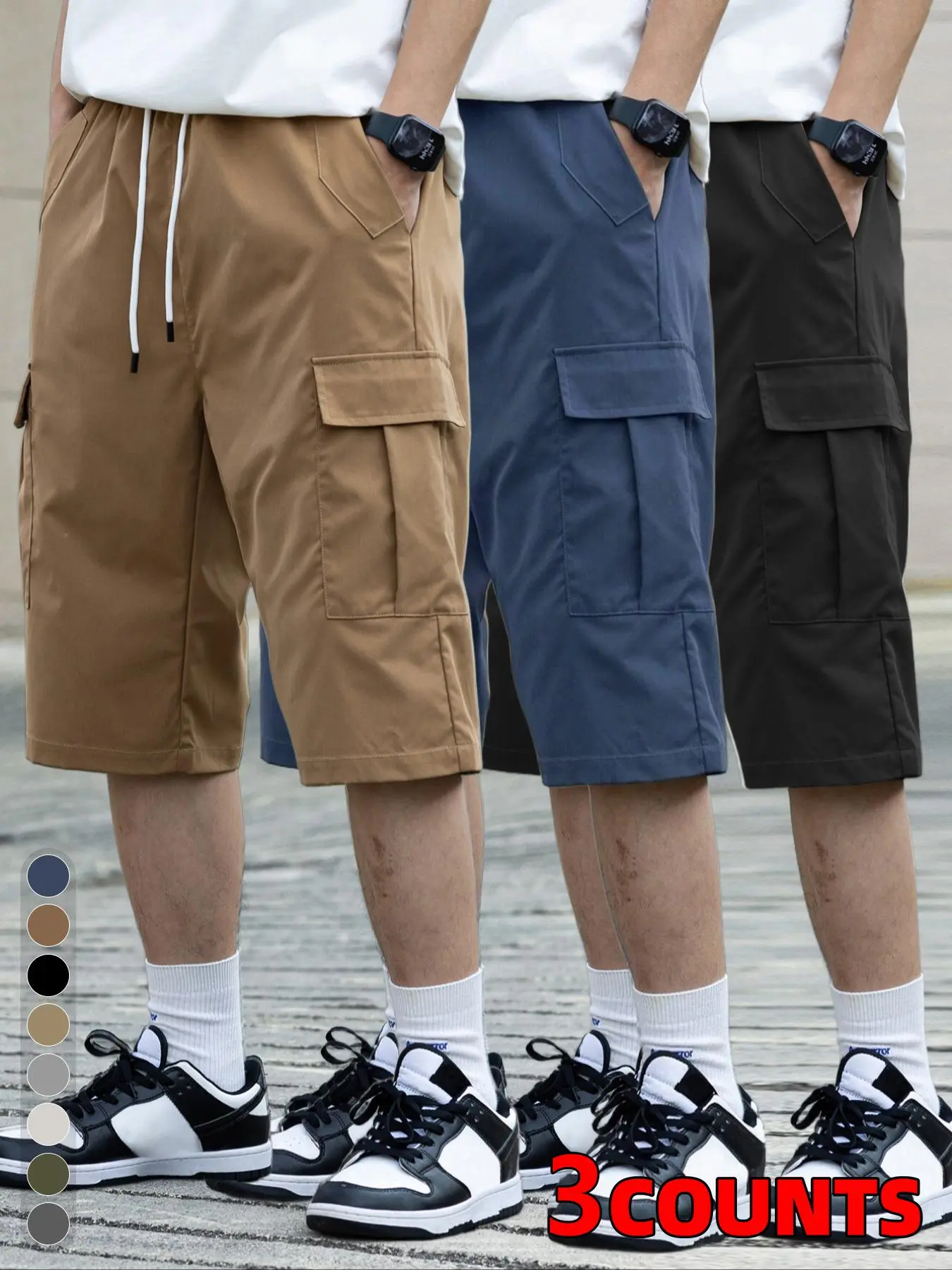 Men's Solid Flap Pocket Cargo Shorts, Loose Casual Elastic Waist Shorts for Summer, Men's Bottoms for Daily Wear