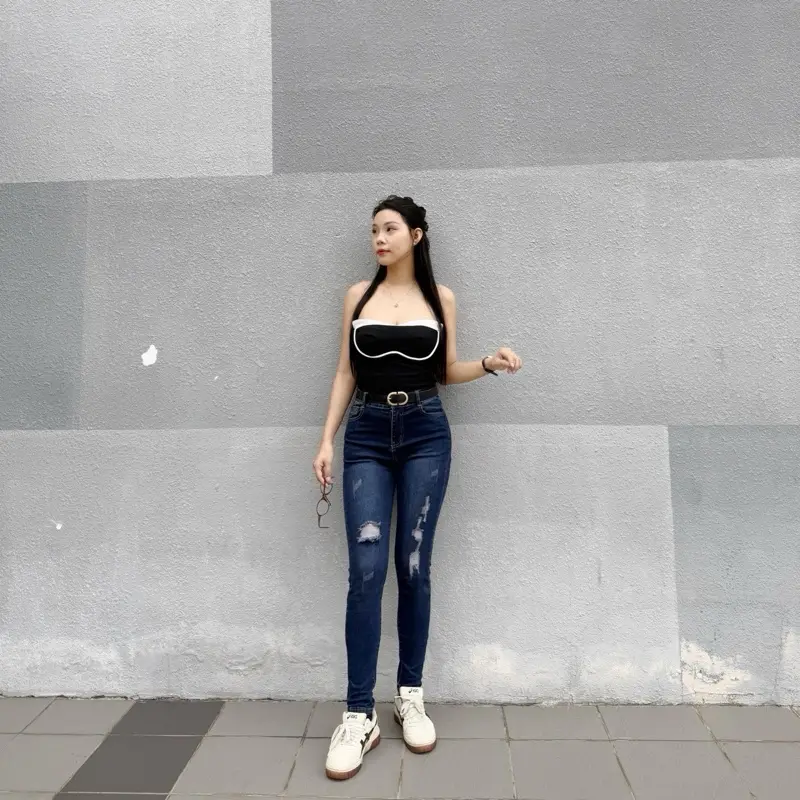 Quần Jean Nữ AKJ D08 Màu Xanh Lưng Cao Co Giãn 4 Chiều