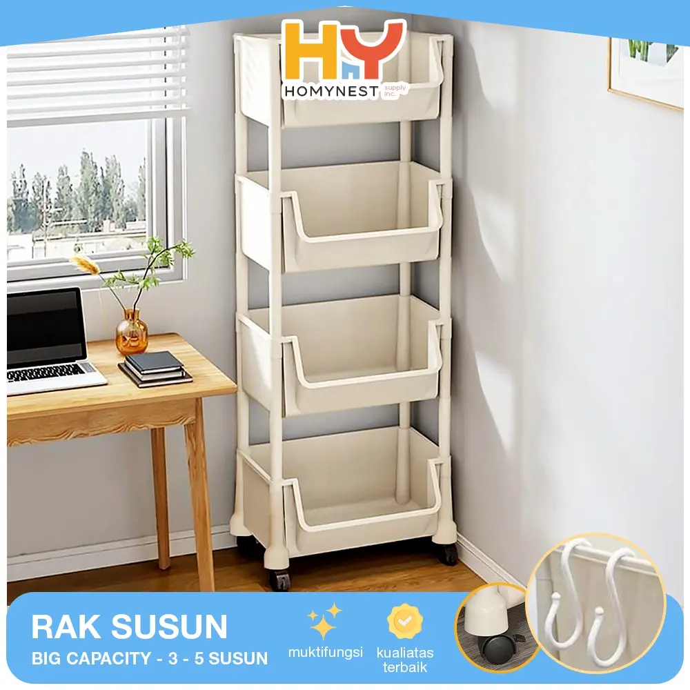 HOMYNEST Rak Susun Multifungsi Rak Troli Rak Dorong Degan Roda Rak Tingkat Serbaguna Penyimpanan