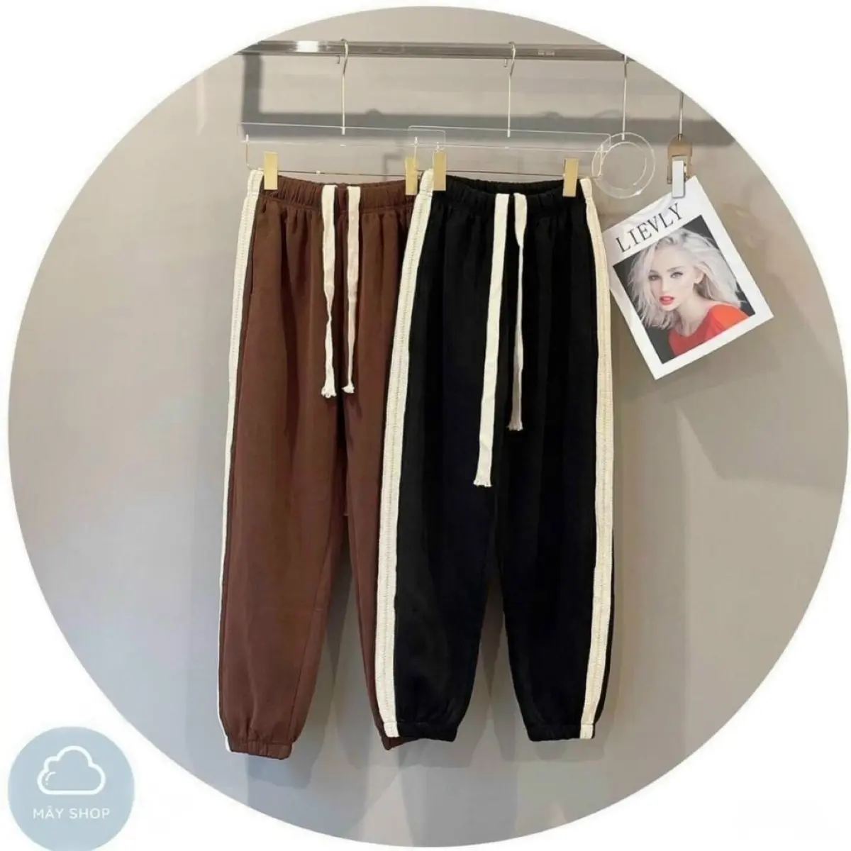 Quần Jogger ống rộng nữ nỉ tăm boom gấu phối sọc Sport