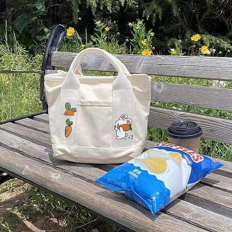 Product Introduction of 1PC Cartoon Rabbit Carrot Women Handbag Canvas Women's Tote Bag Portable Large Capacity Multi Pocket Lunch Bag 17
