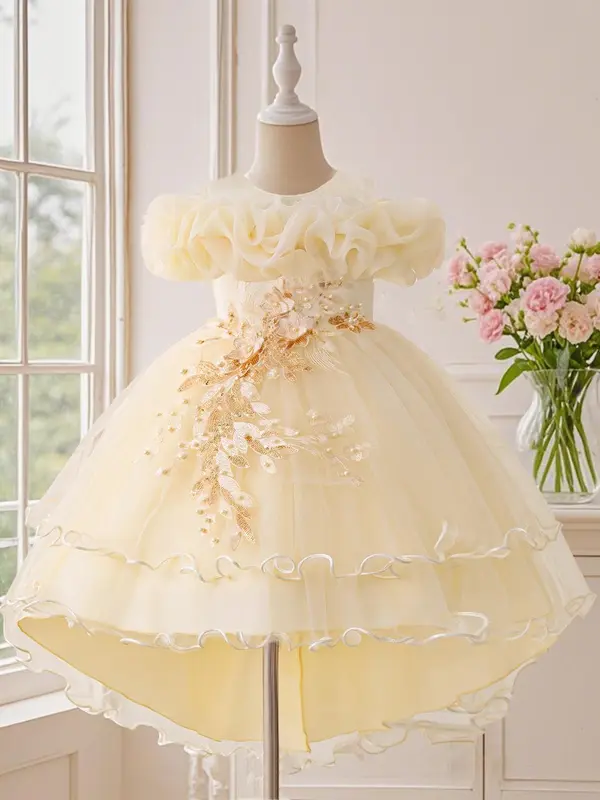 Girl's Sequin Decor Multi-layer Tulle Party Dress, Elegant Flower Design Sleeveless Sweater Dress for Party Performance Wedding Guest, Kids Clothes for Four Seasons, Tutu Princess Dress 5