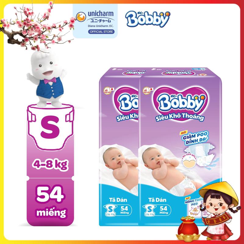 COMBO 2 Bobby Tã bỉm dán S54 Siêu khô thoáng Lõi nén cotton soft cho bé bao bì ngẫu nhiên