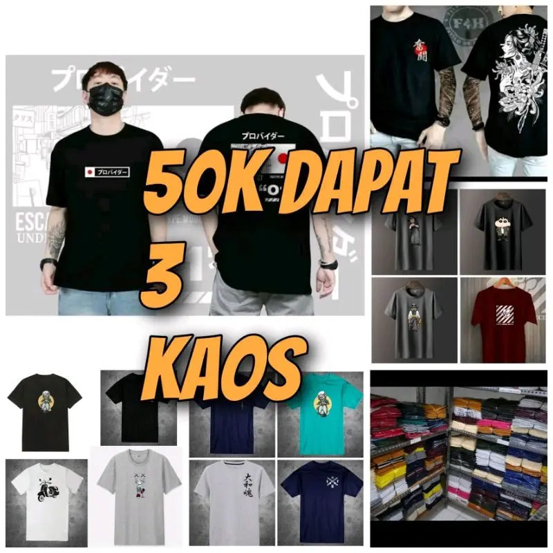 Paket hemat 3 kaos cowok motif random acak baju Distro Pria Sablon Semi Lokal