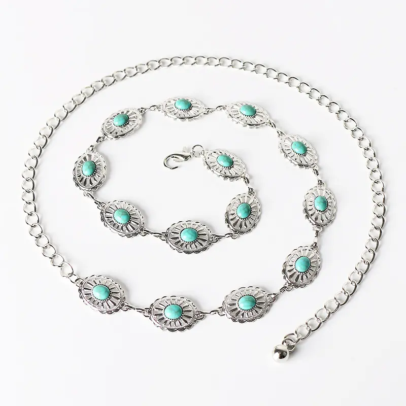 Retro Fashion Turquoise Metal Waist Chain Women's Dress All-Matching Decorative Chain Belt Bohemian Accessories 4