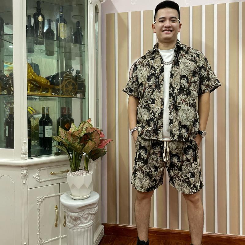 Bộ Quần Áo Sơ Mi Cổ Đức Vải Gấm Hoạ tiết Mèo Cộc Tay LOẠI BBR Nam Menswear đồ bộ nam quần short nam áo sơ mi cộc tay