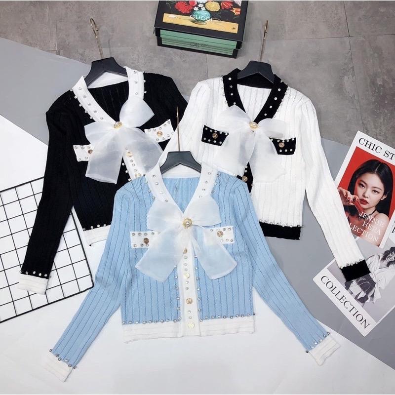  Áo len nữ dài tay nơ cổ viền đá sang chảnh hàng QC  Len 