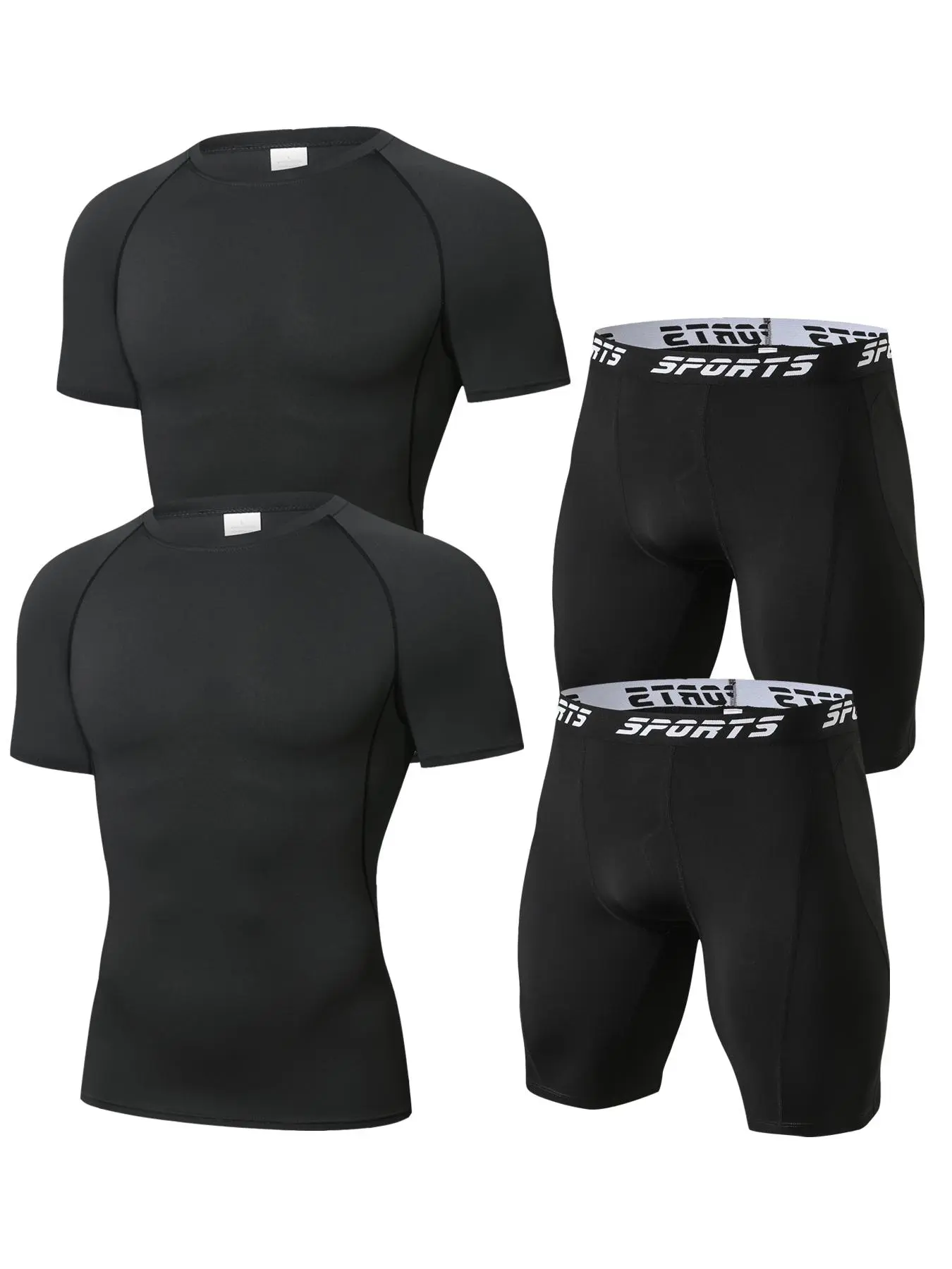 Men's Plain Compression Shapewear Tee & Letter Tape Shorts Set, Breathable Quick Drying Crew Neck T-shirt & Shorts, Men's Shapewear Set for Gym Workout Running