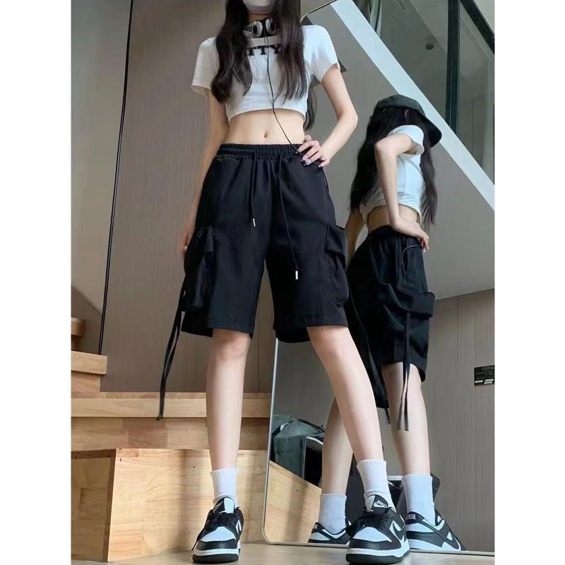 Quần Đùi Thể Thao, Phong Cách Và Đẹp Trai, Màu Đen, Phong Cách Hồng Kông, Thích Hợp Cho Mùa Hè, Mỏng, Unisex, Dáng Rộng Vừa Vặn, Ống Rộng, Quần Ngắn Thẳng, Lý Tưởng Cho Các Hoạt Động Đi Chơi 5