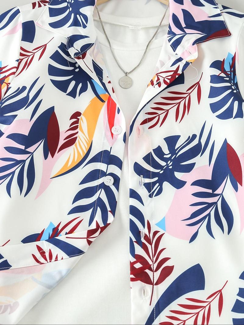 Product Introduction of Two-Piece Set Boy's Leaf Print Short Sleeve Shirt & Shorts, Casual Summer Outfits Clothes for Kids Outdoor Holiday Vacation, Kids Clothing 4