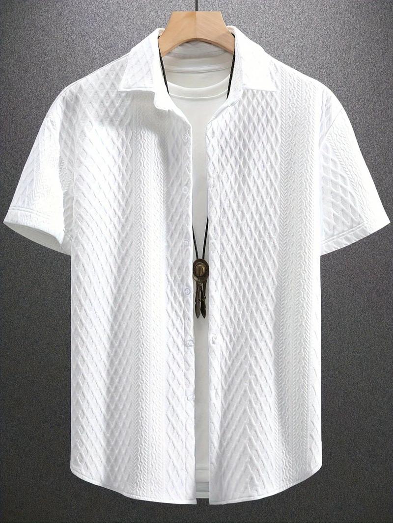 Product Introduction of Men's Solid Textured Button Front Shirt, Regular Fit Casual Short Sleeve Collared Top for Summer, Fashion Men's Clothes for Daily Wear 1