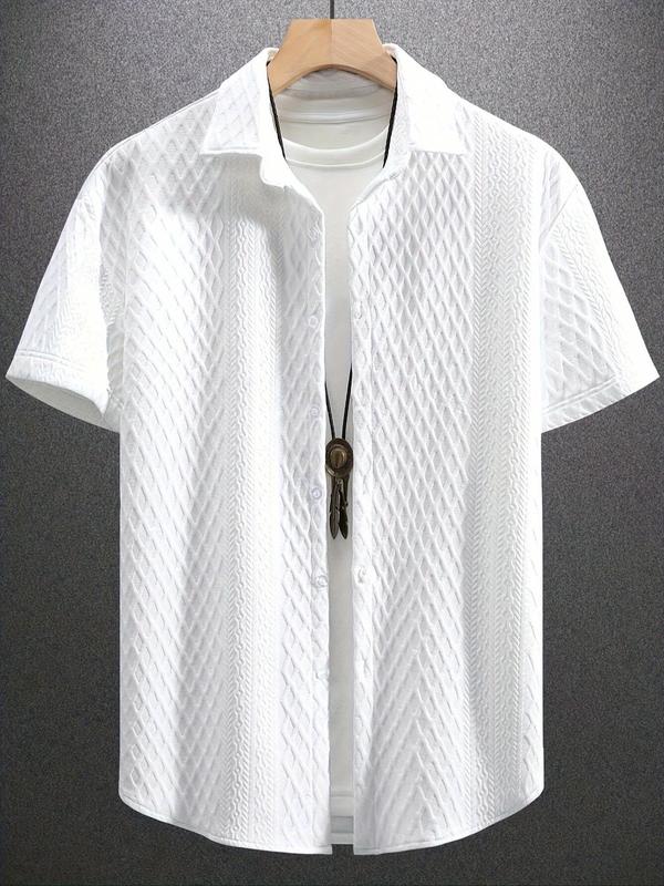 Men's Solid Textured Button Front Shirt, Regular Fit Casual Short Sleeve Collared Top for Summer, Fashion Men's Clothes for Daily Wear 0