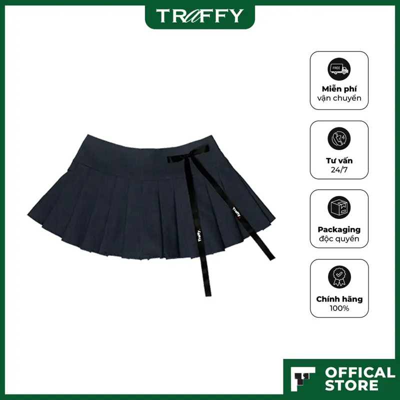 Chân Váy Xếp Ly TRAFFY LocalBrand Vải Tuyết Mưa Có Lót Trong Gắn Nơ Dễ Thương Dáng Xoè Đi Chơi Dáng Mini Skirt Màu Denim Women