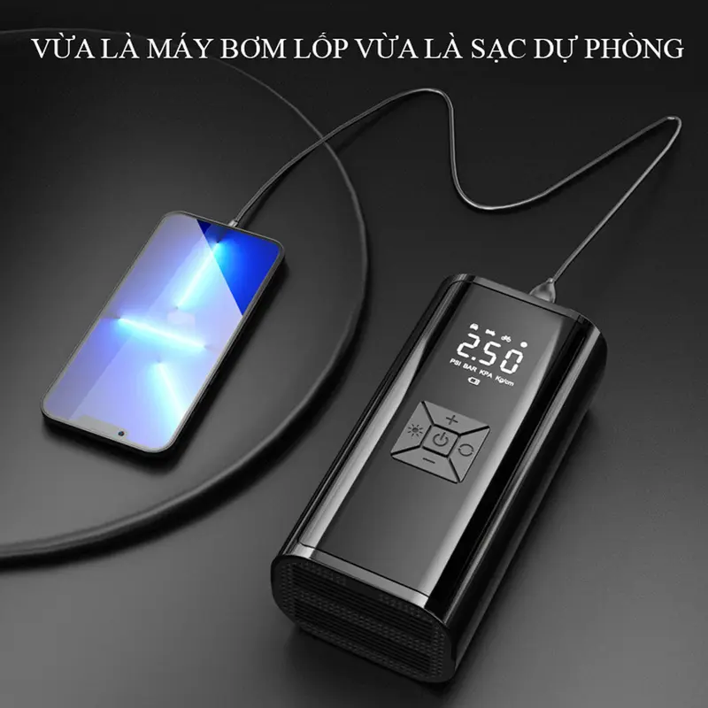 Máy bơm lốp xe hơi, máy bơm không khí không dây bơm nhanh tích hợp đèn báo sạc dự phòng. Bảo hành 12 tháng toàn quốc, đổi mới 7 ngày nếu lỗi. 5