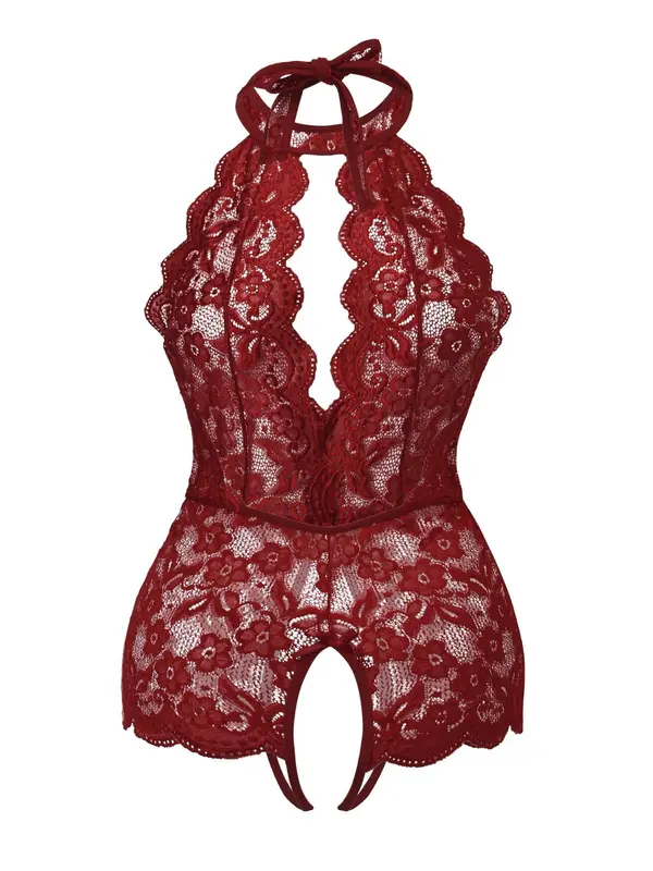 Plus Size Plain Floral Lace Scallop Trim Halter Neck Backless Sheer Sexy Lingerie Bodysuit, Elegant Sexy Tie Back Bodysuit for All Seasons, Women's Plus Size Sexy Underwear 4